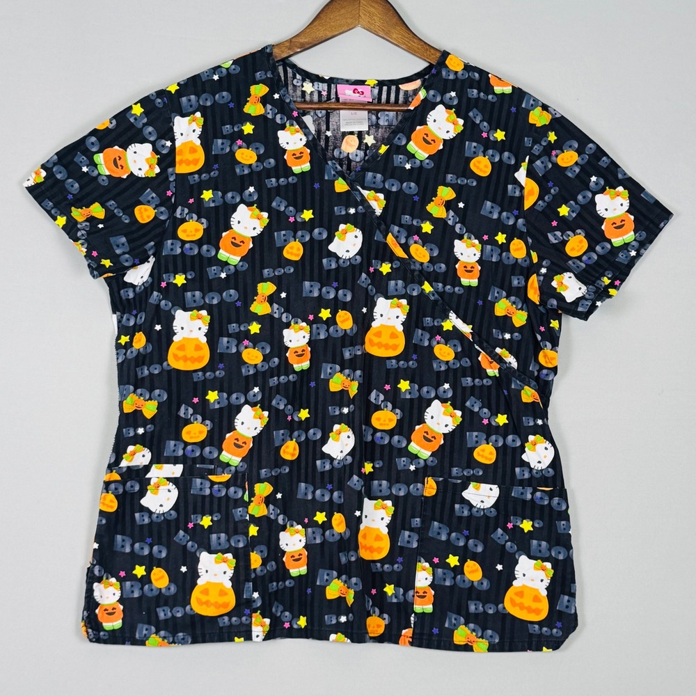 Hello Kitty Sanrio Halloween Scrub Top Large Black Pumpkin Y2K NWOT HK32A521